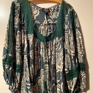 Angie Green and Cream Smocked Blouse with Ruffled Sleeves